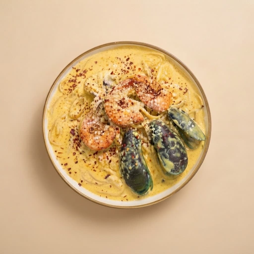 Salted Egg Pasta with Seafood served at The Roadside Eatery